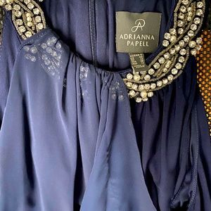 Adrianna Papell dress 36 inches long from back, navy blue with detailed neck